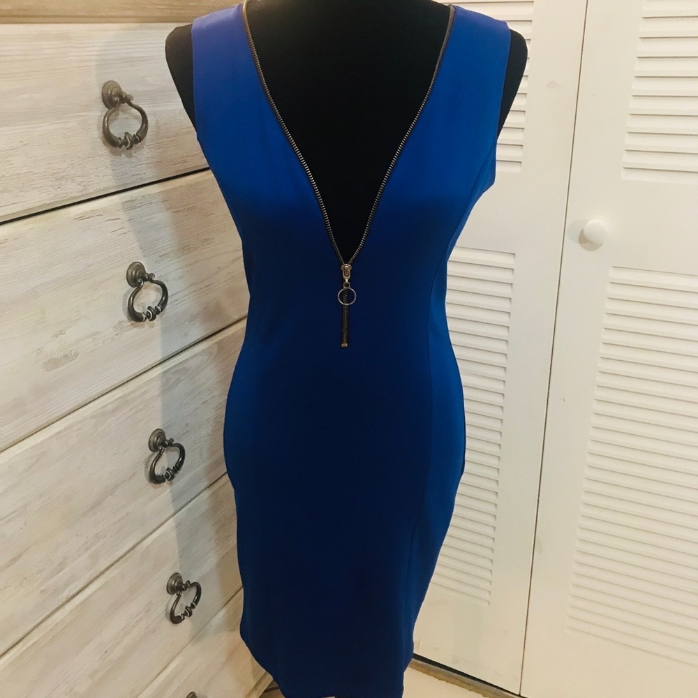 Royal Blue Front-Zip Body Con Dress